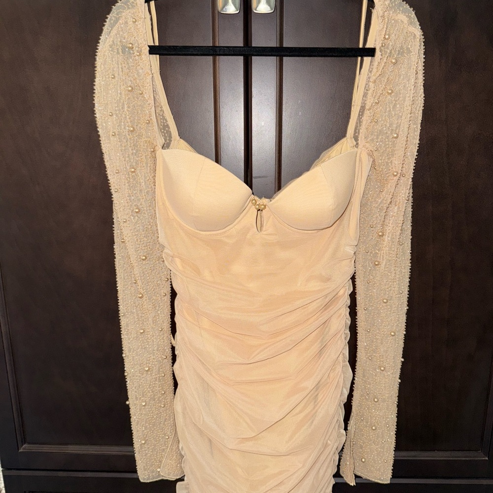 Oh Polly Cream Mini Dress with Beaded Sleeves